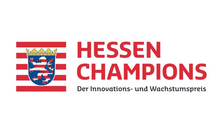 Symbolbild mit der Schrift: Hessen Champions - Der Innovations- und Wachstumspreis in rot-schwarzer Schrift und dem hessischen Wappen