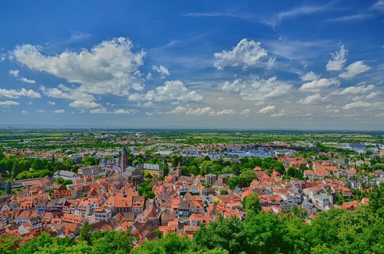 Überblick über Stadt Weinheim, zu sehen Häuser, Bäume und Himmel mit Wolken